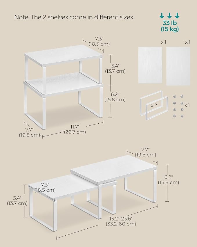 SONGMICS Cabinet Organizer Shelf, Set of 4 Kitchen Counter Shelves, Kitchen Storage, Spice Rack, Stackable, Expandable, Metal and Engineered Wood, Cloud White and Snow White UKCS027W01 - Image 2