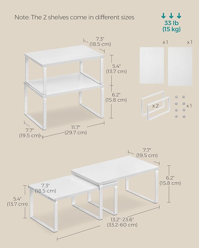 SONGMICS Cabinet Organizer Shelf, Set of 2 Kitchen Counter Shelves, Kitchen Storage, Spice Rack, Stackable, Expandable, Metal and Engineered Wood, Cloud White and Snow White UKCS02W01 (Pack of 2) - Image 5