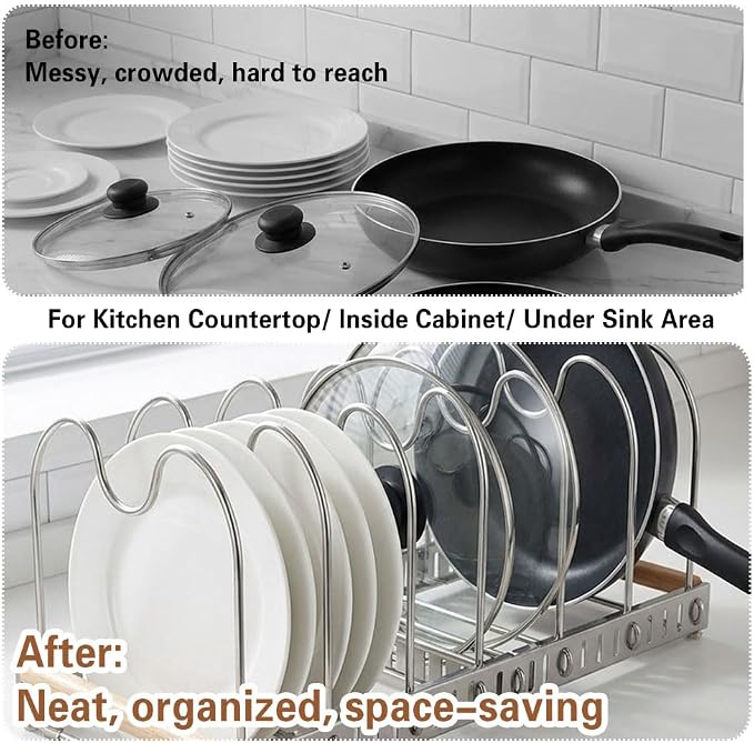 Stainless Steel Expandable Pot and Pats Organizer for Kitchen, Expandable Cookware Rack for Cutting Boards, Lids, Plate, Bowls, 304 SS 10 Adjustable Dividers Expanded Size 22.64" Lx7.28 Wx7.68 H - Image 5