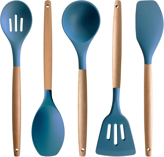 Silicone Kitchen Cooking Utensils Set 5Pcs Non-Stick Silicone Kitchen Utensils Set Spatula Spoon Turner Ladle with Wooden Handle, Heat Resistant Cooking Gadgets for Nonstick Cookware BPA-FREE by IOCBYHZ