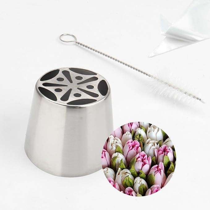 6Pcs Extra Large Russian Flower Piping Nozzles, Stainless Steel Rose Tulip Piping Tips for Cake Decorating, Includes 1 Extra Large Nozzle, 4 Piping Bags, 1 Pagoda Brush, Dessert Baking Tool by Baipesiy