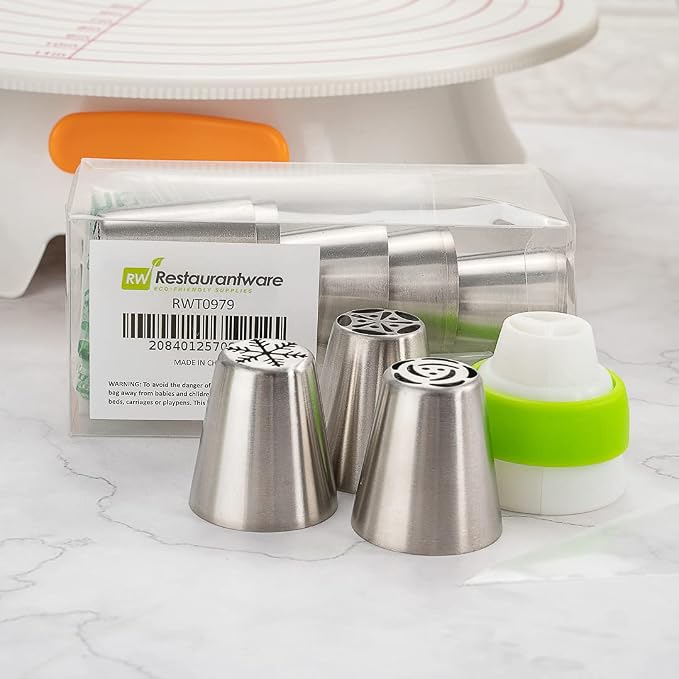 Pastry Tek Russian Piping Tips Set, 21 Piece Durable Cake Decorating Kit - 10 Piping Tips, 10 Piping Bags, Stainless Steel Piping Bags And Tips Set, 1 Tri-Color Coupler, - Restaurantware - Image 3