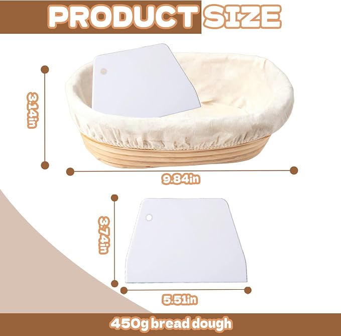 8 Sets Bread Proofing Baskets Bulk Banneton Bread Proofing Basket with Cloth Liners and Dough Scrapers Natural Rattan Banneton Sourdough Bowl Basket for Bakers(10 Inch) - Image 2