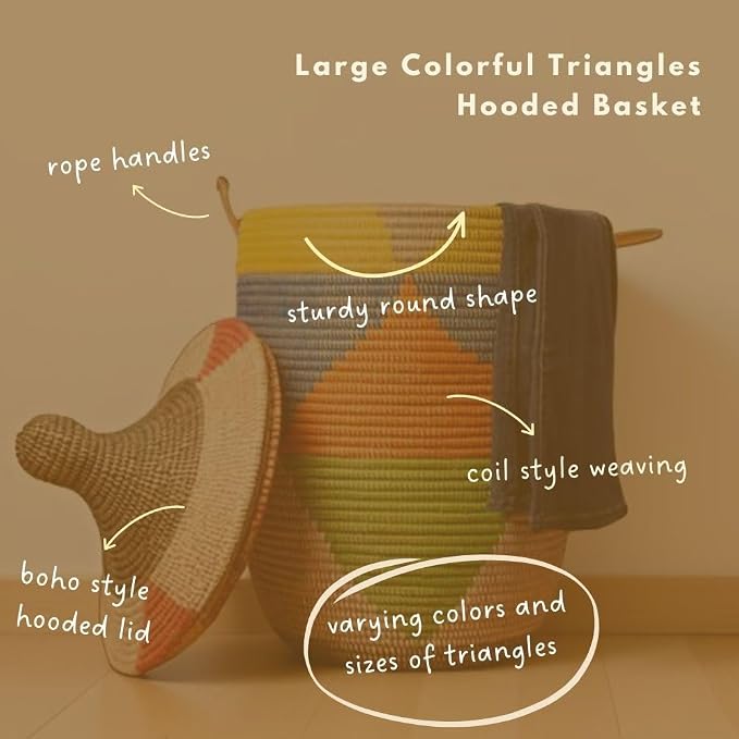 Wicker Laundry Basket, Colorful Triangles, Large, 18" Wide - Image 2