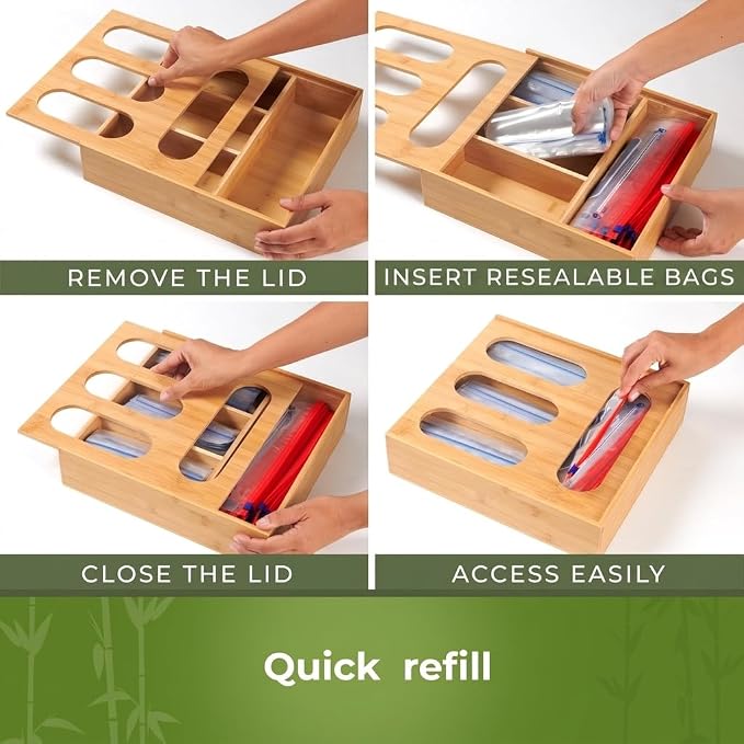 Bamboo Storage Bag Organizer for Drawer – Plastic Bag Organizer for Kitchen | Single Block Design, Quick Refill Slider – Fits Half Gallon, Quart & Snack Size Bags - Image 7