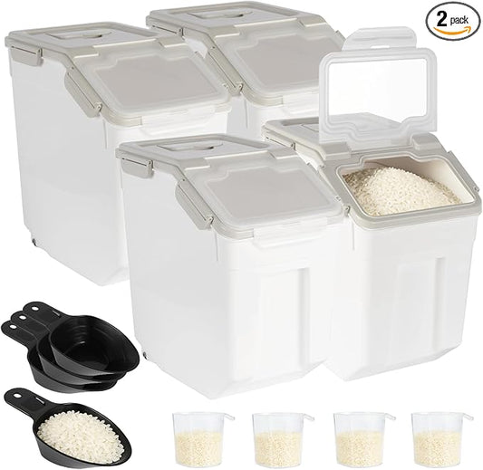 4 Pack Rice Container 25 lbs Large Bulk Flour Sugar Storage Holdhouse Plastic Grain Cereal Dry Goods Bin with Spoon and Measuring Cup for Kitchen Pantry Organization - Grey by MXCELL