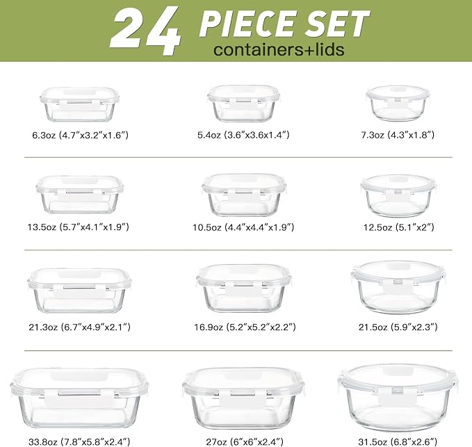 BAYZZ 24 Piece Glass Food Storage Containers with Lids, Airtight Glass Meal Prep Containers for Kitchen, BPA-Free Lunch Box, Microwave and Freezer Safe,White - Image 7