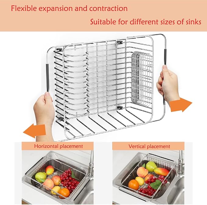 NiuYichee Stainless Steel Dish Drying Rack(15"L X 11"W X 4.1"H), Expandable Fruit & Vegetable Drain Rack over Sink, Dish Drainer Rack in Sink, with Stainless Steel Utensil Holder & Silicone Mat(16") - Image 5