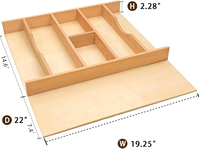 Silverware Drawer Organizer - Trim-to-Fit with Adjustable Dividers for Kitchen Utensil Storage, Beech Wood Frame with 11 Sizes (19.25" W x 22" D) - Image 4