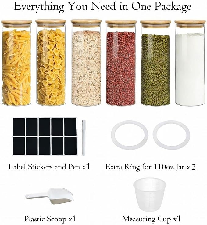 Glass Storage Containers with Airtight Bamboo Lids,Round Glass Jars Pantry Organizers,Perfect for Kitchen Organization - Flour, Rice, Pasta, Sugar, Coffee Beans, Accessories Included (43oz*6) - Image 7