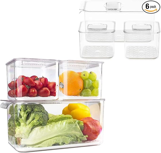 Slideep Fridge Produce Saver Food Storage Bin Containers, Stackable Refrigerator Freezer Organizer Bins with Removable Drain Tray, Fridge Fresh Keeper for Veggie, Berry, Fruits, Vegetables 6 Pack by WelcometotheSlideep