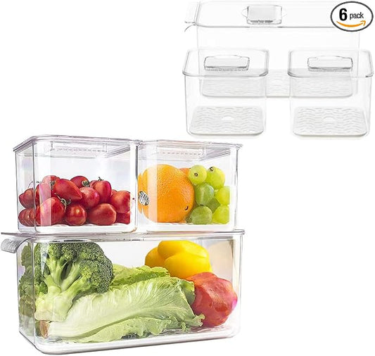 Slideep Fridge Produce Saver Food Storage Bin Containers, Stackable Refrigerator Freezer Organizer Bins with Removable Drain Tray, Fridge Fresh Keeper for Veggie, Berry, Fruits, Vegetables 6 Pack by WelcometotheSlideep