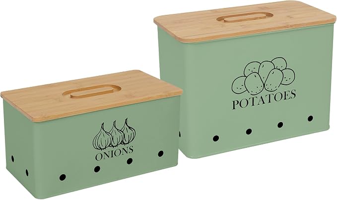Potato and Onion Storage Bin Set of 2, Vented Metal Vegetable Storage with Wooden Lids, Farmhouse Kitchen Canisters for Countertop Pantry Organizer, Potato Bin Onion Holder for Produce Storage, Green by Gdfjiy