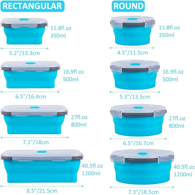 8 Pack Collapsible Food Storage Containers with Lids, Silicone Collapsible Food Containers, Collapsible Storage Containers Sets for Snack Camping RV, Microwave Freezer Dishwasher Safe, Blue - Image 5