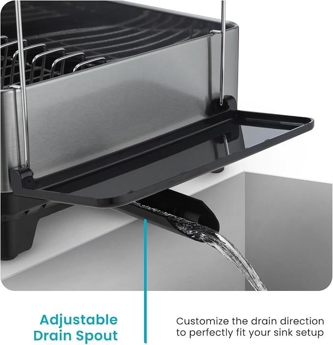 Home Zone Living Dish Drying Rack for Kitchen Counter | Stainless Steel with Drip Tray, Extendable Water Drainage Pipe, and Holders for Utensils, Wine Glasses and Cutting Board - Image 3