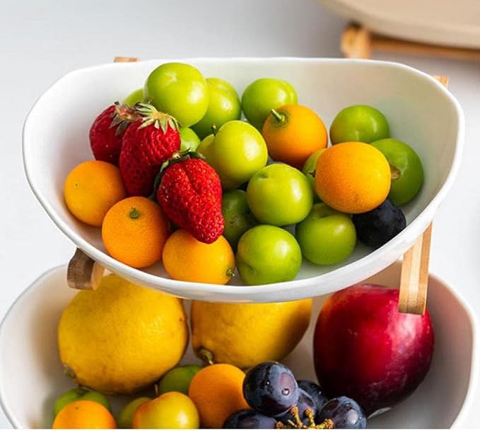 3 Tier Fruit Bowls For Kitchen Counter, Ceramic Fruit Basket Stand | Wooden Fruit Serving Tray, Large Capacity, Snacks Nuts Cake Storage Holder for Party (White porcelain) - Image 6