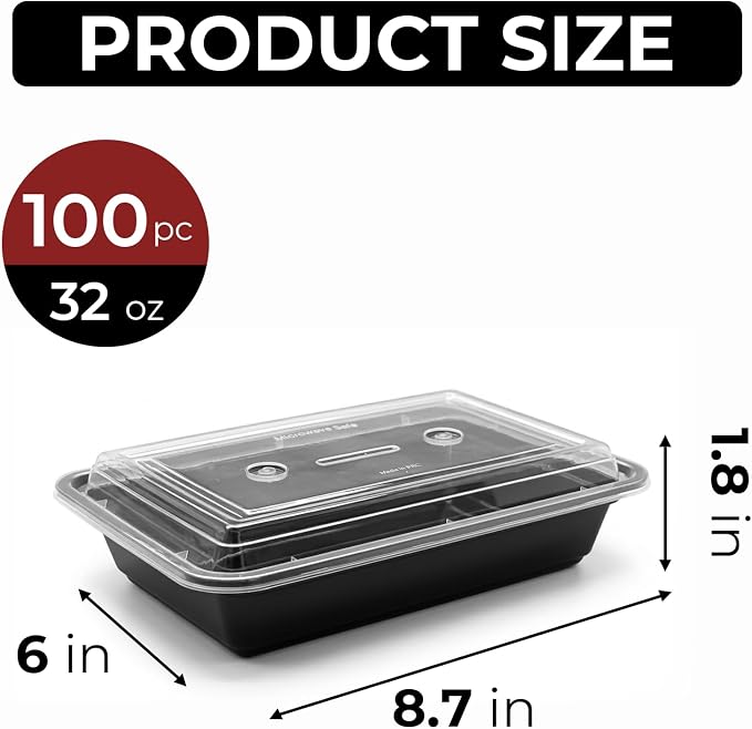 100 Pack (200-Piece) 32 oz Meal Prep Containers with Lids Reusable Food Storage Containers Sturdy Leakproof To Go Plastic Takeout Containers for Microwave, Freezer, Dishwasher Safe - Image 2