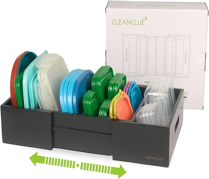 CLEANCLUE Expandable Kitchen Cabinet Organizer for Food Storage Container Lids, Bamboo Drawer Caddy Adjustable Dividers, Box for Kitchen Storage and Organization, Lids Organizer for Cabinet (Black) by cleanclue