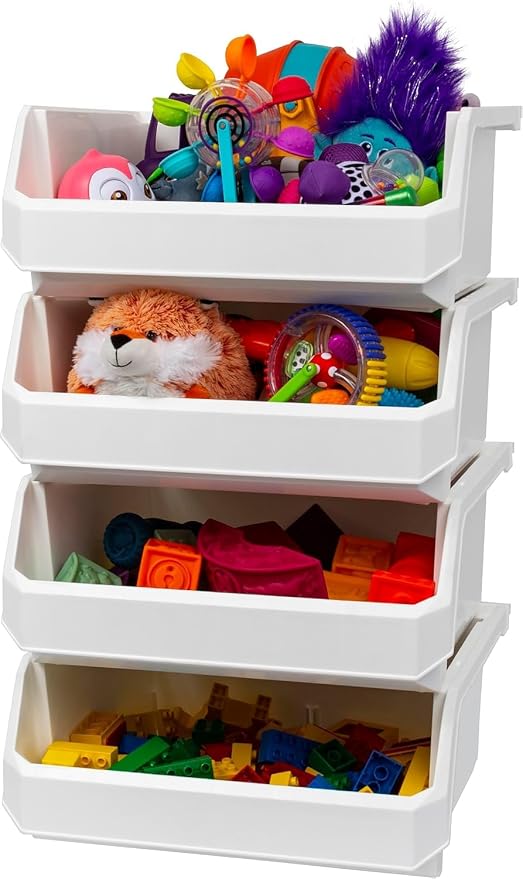 Extra Large Stackable Plastic Storage Bins, 4-Pack, White | Open-Front Stackable Bins For Garage, Pantry, Closet & Office, 14,8"L X 16,5"W X 7"H, Nests When Empty, Durable Plastic, by Akro-Mils