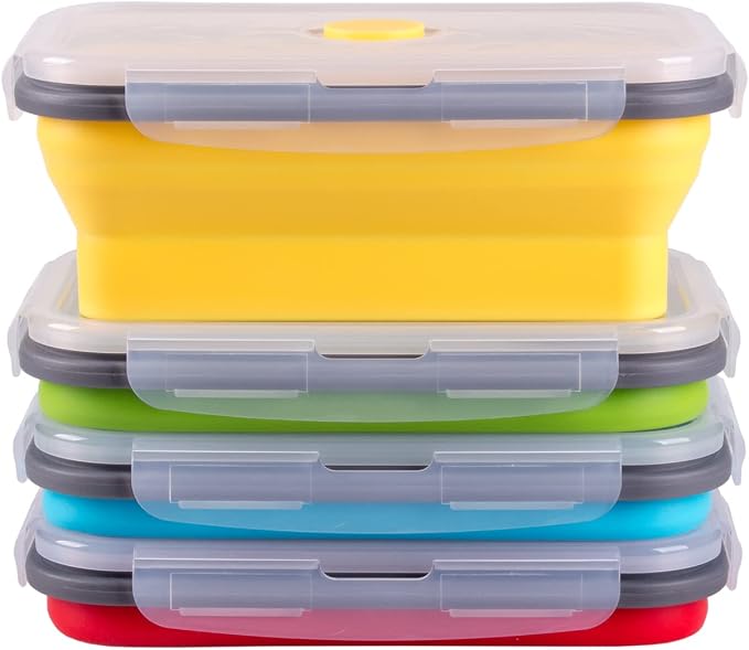 Collapsible Food Storage Containers with Airtight Lid, 27 oz, Kitchen Stacking Silicone Collapsible Meal Prep Container Set for Leftover, Microwave Freezer Dishwasher Safe, 4 Colors, Set of 4 - Image 7