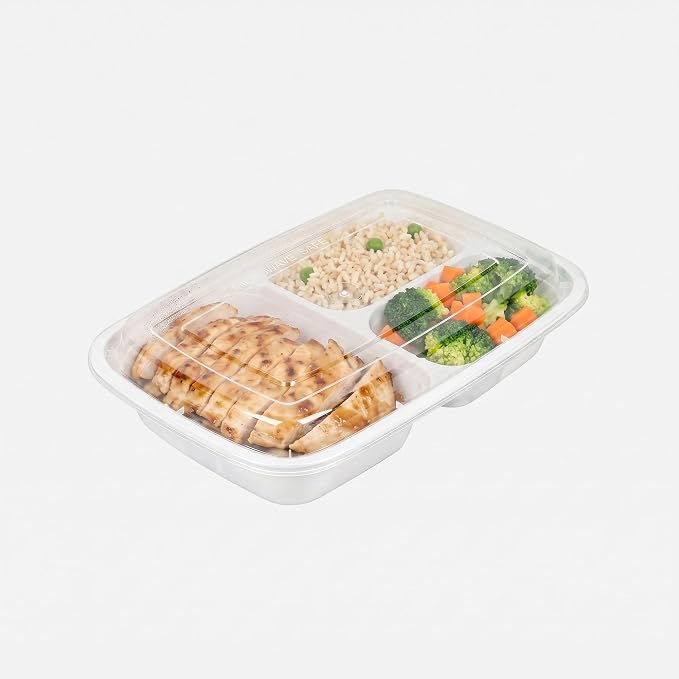 Asporto 26 Ounce Compartment Take Out Boxes, 50 Microwavable Meal Prep Containers - 3 Compartments, With Clear Plastic Lids, White Plastic Food Containers, Do Not Contain BPA - Restaurantware - Image 6