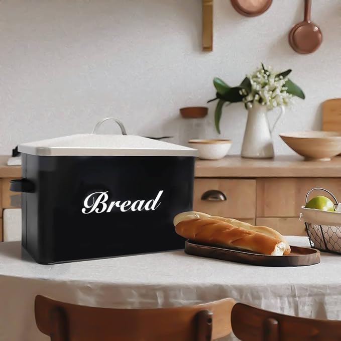 SOTECH Vintage Metal Bread Box Farmhouse Decor Style Pantry Organization and Storage Container,Space Saving Black with Silver Breadbox-Rustic Kitchen Decor - Image 3