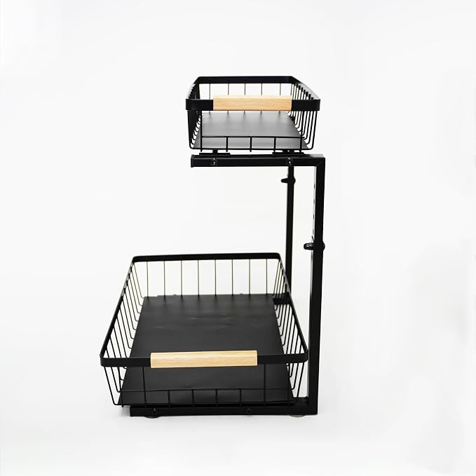 Under Sink Organizer, 2 Tier Pull Out Cabinet Organizers and Storage for Kitchen Bathroom Pantry Laundry, Adjustable Height, Slide Out Thickened Metal Storage Shelf (Black, 1 Pack) - Image 2