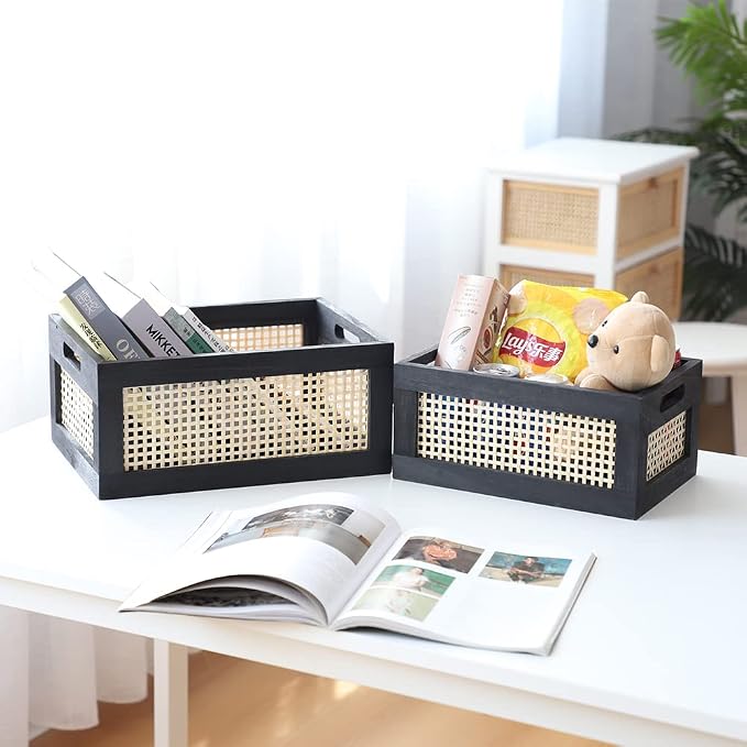 Wood Baskets, Rattan Storage Baskets for Organizing, Black, Set of 2 - Image 4