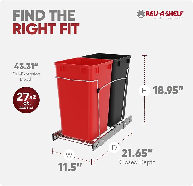 Rev-A-Shelf Pullout Trash Can for Kitchen Cabinets 27 Qt Garbage Recycling Bin with Full Extension Slides, Red/Black, RV-15KD-1618C-S - Image 3