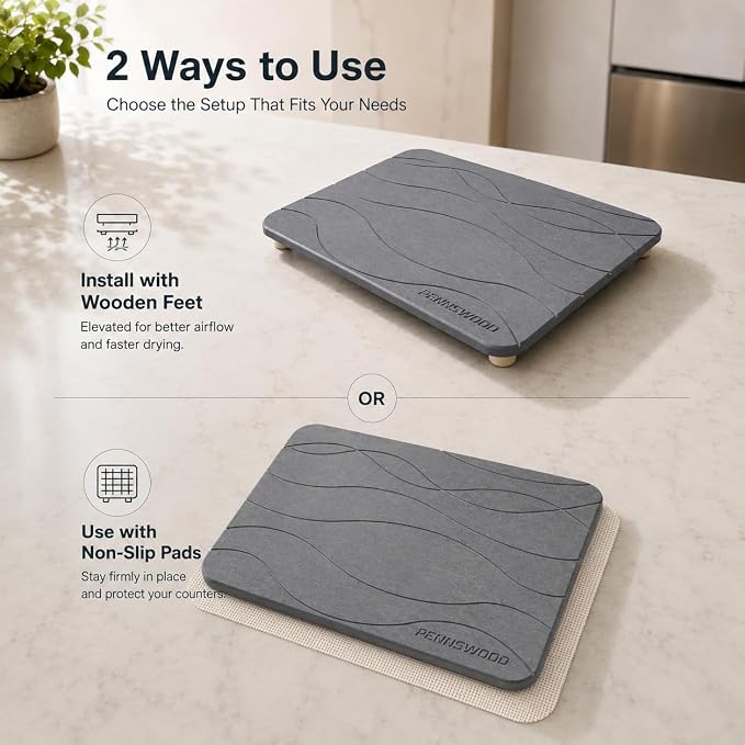 2 Pack Large Stone Dish Drying Mats for Kitchen Counter, （24" x 16" + 16" x 12"）, Diatomaceous Earth, Ultra Absorbent, Quick Dry, with Wooden Feet and Non-Slip Mesh Liners - Image 4