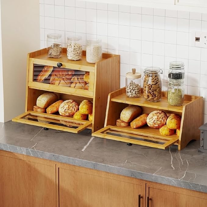BAMBANG Bread Box for Kitchen Countertop, Extra Large Bamboo Bread Storage Container for Homemade Bread, Double Layer Sourdough Breadox, Bread Bin Organizer for Counter Cabinet Pantry, Natural - Image 2