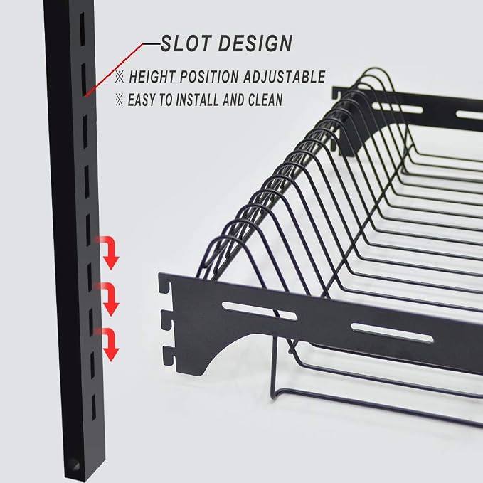 junyuan Hanging Dish Drying Rack Wall Mount,Dish Racks Drainer,3 Tier Kitchen Plate Organizer Storage Shelf with Drain Tray with 3 Hooks,Stainless Steel Black Large Ajustable Height - Image 5