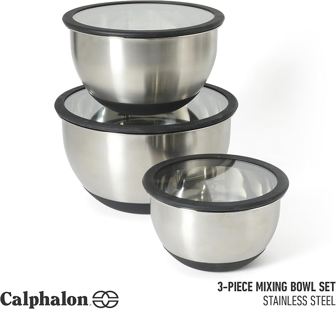 Calphalon Mixing Bowl Set, Stainless Steel Mixing Bowls With Lids, 3-Piece Stainless Steel Mixing Bowls with Glass Lids & Non-Slip Silicone Base, Prep and Storage Bowls Dishwasher Safe - Image 2