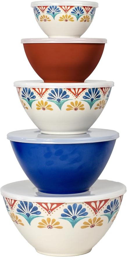 Rio Medallion Stackable Melamine Mixing Bowls with Airtight Lids, Durable Indoor/Outdoor Kitchenware, Shatter-Resistant, Dishwasher Safe for Mixing & Serving, Assorted Colors, Set of 5 by AbodeHomewares-TheDesignDestinationforTabletopDrinkwareKitchenandPet