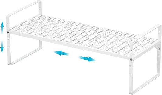 Expandable Cabinet Storage Shelf Organizer Rack, Heavy Duty Stackable Steel Metal Spice Rack Adjustable Height Pantry Garage Shelf for Counter Kitchen Organization, White - 1 Pack by iPEGTOP