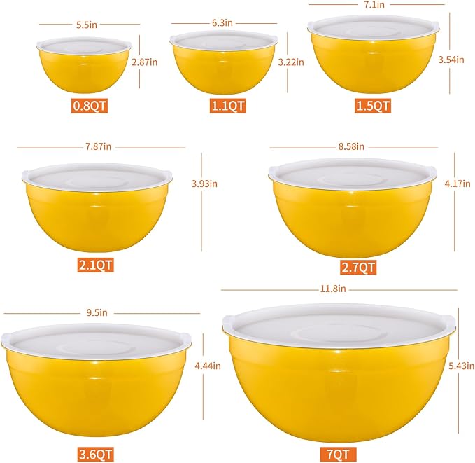 Yellow Mixing Bowls with Lids Set of 7, Stainless Steel Nesting Bowl with Khaki Lid for Non-slip Mixing Prepping Storing Serving, 7 Sizes-7/3.6/2.7/2.1/1.5/1/0.8 QT - Image 2