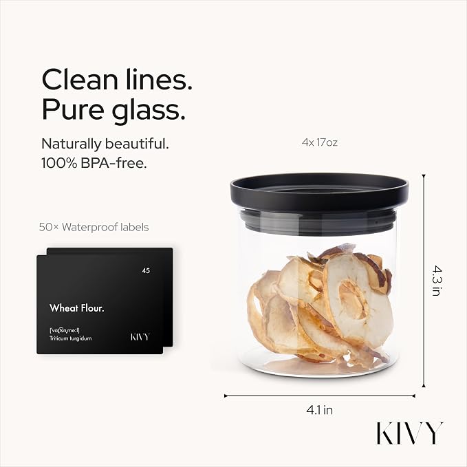 KIVY Airtight Glass Jars with Lids & Labels [4x 17oz] Stackable Glass storage jars with airtight lids - Black Glass Jars with airtight lid - Food Glass canisters with transparent lids - Image 2