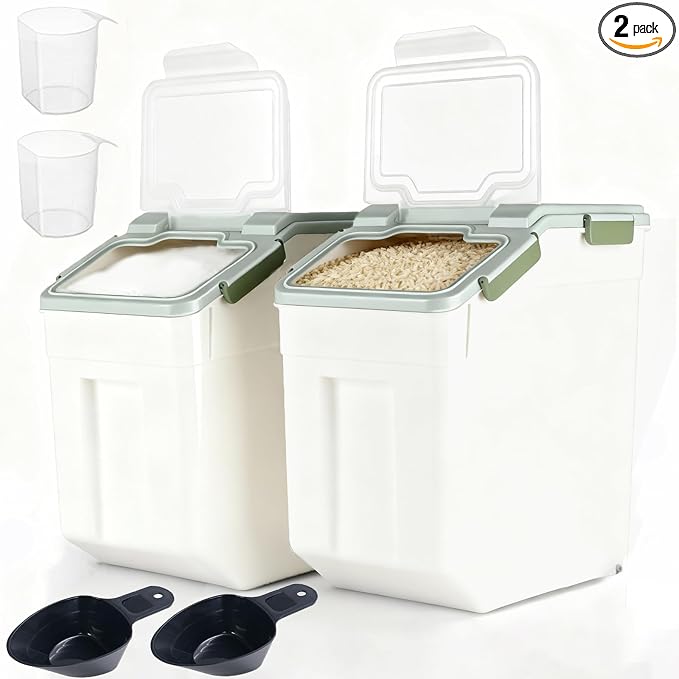 RUIAN 2Pcs Large Flour Storage Container Bin 50Lb Airtight Rice Storage Containers with Wheels Seal Locking Lid, BPA Free with Measuring Cup&Scoop for Flour, Rice, Grain 100LBS Total (Green) by RUIAN