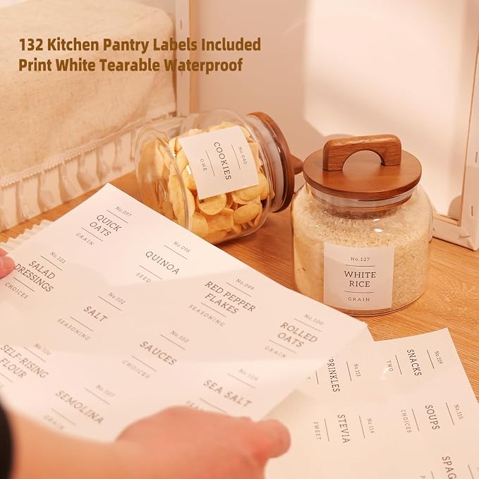 4 Pack Glass Pantry Storage Containers with 132 Pantry Labels - 37 FL OZ Kitchen Glass Canisters with Bamboo Airtight Lids - Farmhouse Glass Pantry Jars for Cookie, Rice, Pasta, Cereal, Bath Salt - Image 5