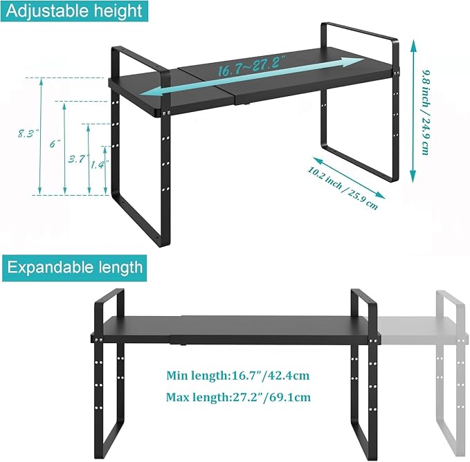 Expandable Cabinet Storage Shelf Organizer, Heavy Duty Steel Metal Spice Rack Adjustable Height Home Office Garage Pantry Shelf Space Riser for Counter Kitchen Organization, Black, 1 Pack - Image 5
