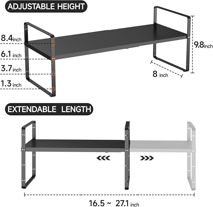 Expandable Cabinet Shelf Organizer, 16.5"~27''L, Black | Stackable Metal Shelves, Adjustable Spices Rack Stand, For Kitchen Countertop Storage, For Cupboard Pantry, 8" W x 9.6" H - Image 2