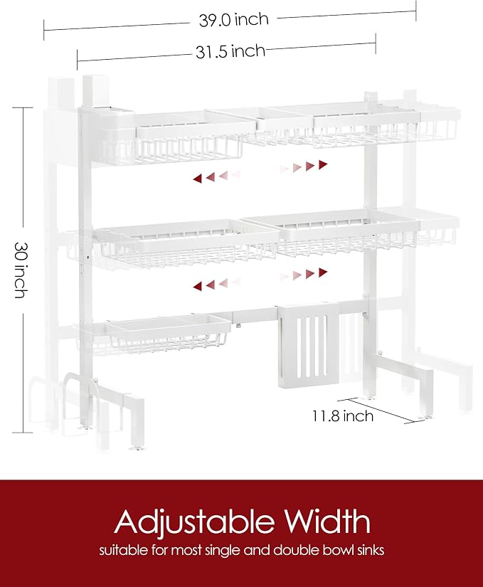 Sakugi Dish Drying Rack Over The Sink, Dish Drainer for Kitchen Counter | Stainless Steel Storage Organizer with Utensil Knife Holder & Hooks, Adjustable 11.8"Dx31.5"~39"Wx30"H, White - Image 2