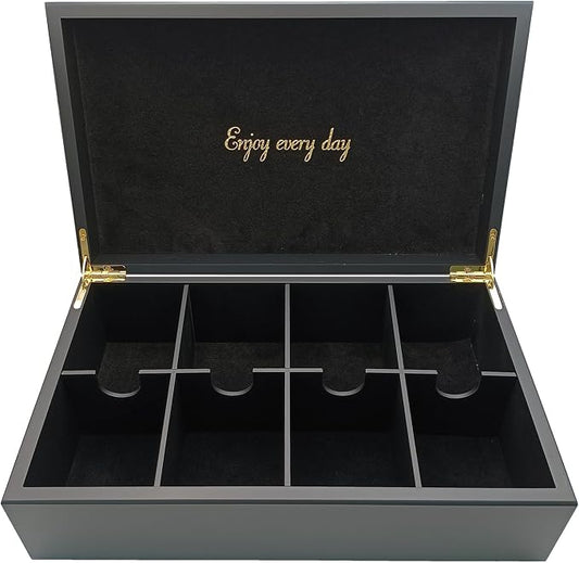 BJOYFUL&LOVED Wooden Tea Box, 8-Compartment Tea Organizer, Black Color | Removable Dividers Customize Storage for Tea Bags, Sugar Packets, Coffee Capsules, Jewelry, Watches and Small Accessories by BJOYFULLOVEDBJL