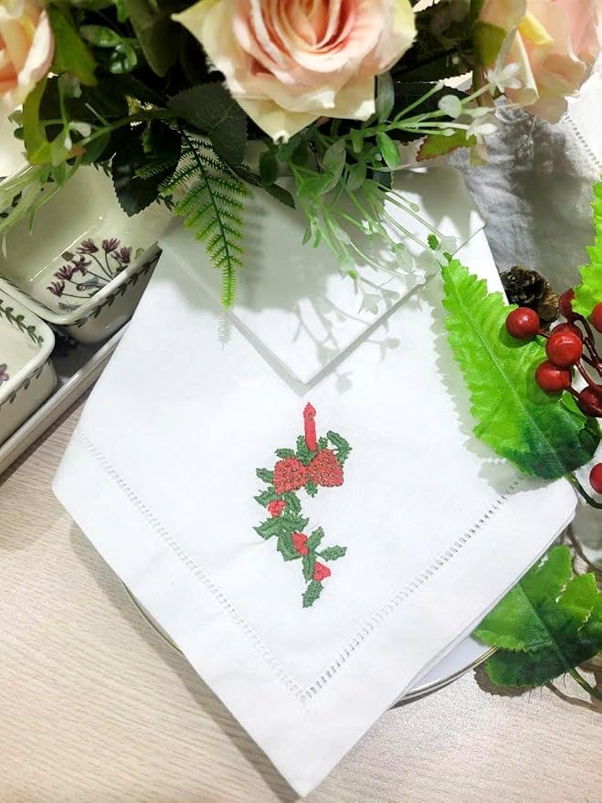 Embroidered Cloth Napkin Strawberry Candle Holly Christmas Cotton Napkins Set of 6, 20 x 20 Hemstitch Table Napkins Machine Washable, Daily & Holidays, Great Gift Ideas - Image 2