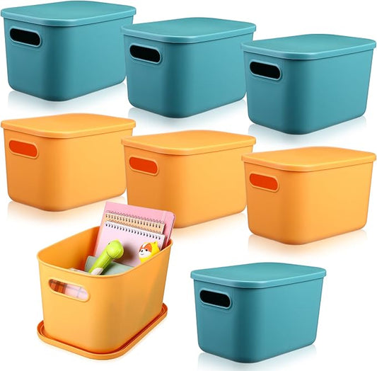 8 Pieces Colorful Storage Bins with Lid, Plastic Storage Basket Organizing Container Stackable Box with Handle for Shelves Desktop Playroom Office(10.2 x 7 x 6.3 Inch,Green and Yellow) by Hoolerry