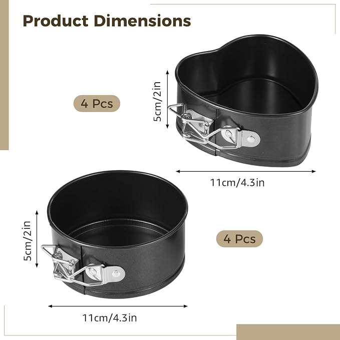 4 Inch Springform Pans, 8 Pcs Mini Springform Pans Set, Spring Form Pan For Cheesecake, 4 Pcs Round & 4 Pcs Heart Shaped Cake Pans, Non-Stick Carbon Steel, Removable Bottom - Image 3