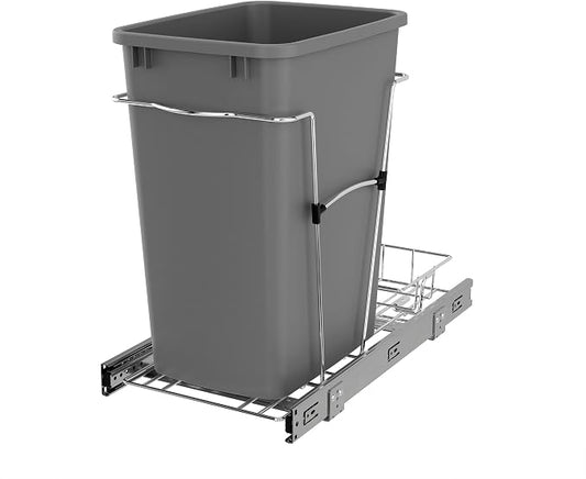 Rev-A-Shelf Pullout Trash Can for Kitchen Cabinets, Silver Waste Bin, 35 Qt | Large Capacity Garbage/ Recycling Waste Container, Heavy Gauge Metal Wire Construction w/Full Extension Slides, RV-12KD-17C S by Rev-A-Shelf
