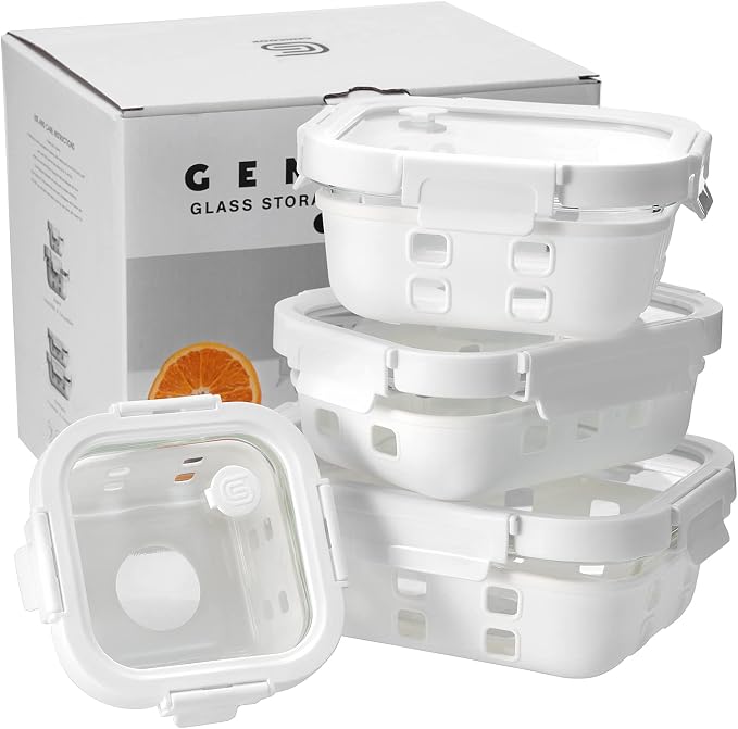 Glass Food Storage Meal Prep Containers - Food Grade Silicone Wrap & Air Release Vent, Rectangular shape - 8 Pc Set (4 Containers - 4 Matching Lids) - Image 5