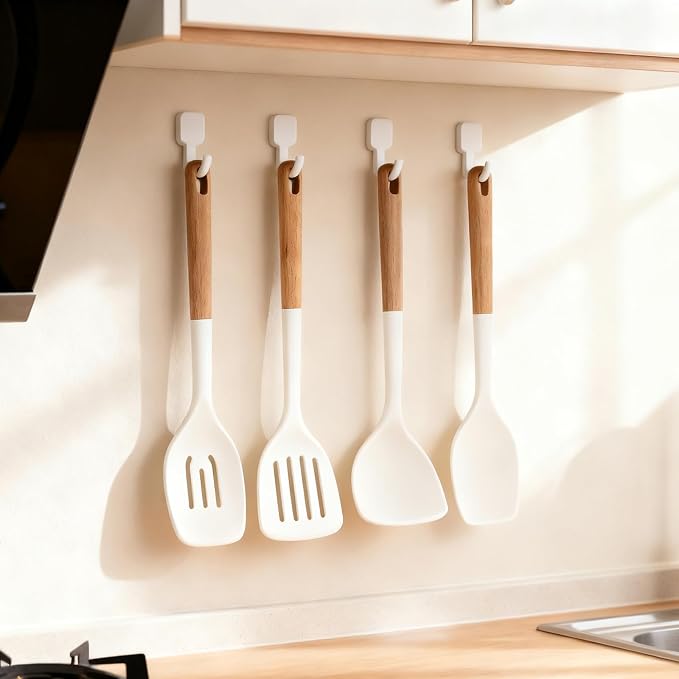 Silicone Kitchen Utensils Set of 4, Large Non-Stick Cooking Utensil Set w Wooden Handle Food Grade Heat Resistance Turner Spoon Silicone Cooking Kitchen Gadgets BPA Free for Nonstick Cookware - Image 7
