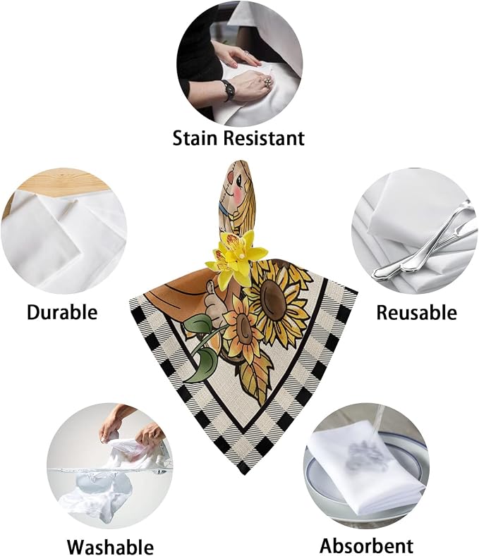 Sunflower Scarecrow Cloth Napkins Set of 4, Fall Pumpkins Black Plaid Dinner Napkins Cloth Washable, Cocktail Napkins Reusable for Wedding, Party, Birthday (20"x20") - Image 6